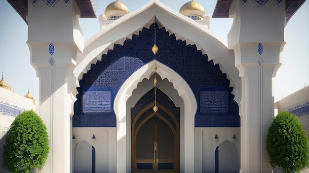 青と白の外観と金色の大きな扉が印象的な建物。
