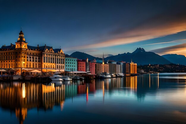 a building with a boat on the water and a mountain in the background.