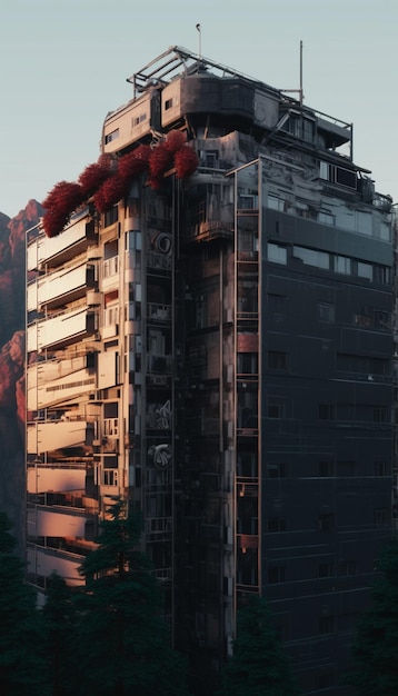 A building with a bunch of windows and a bunch of red smoke on the roof