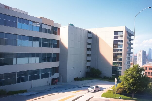 A building with a car driving past it