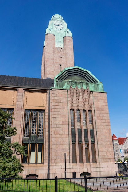 Building with clock tower of central railway station, helsinki, finland