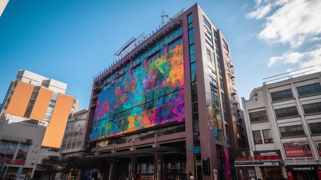 A building with a colorful display on the side of it