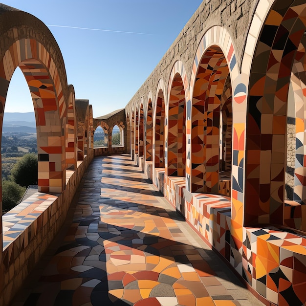 a building with a colorful mosaic pattern and a large arch with a view of the mountains in the background