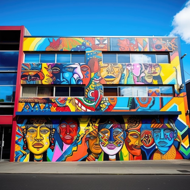 A building with colorful mural on the side