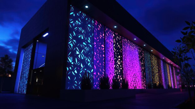 a building with a colorful wall and lights on it