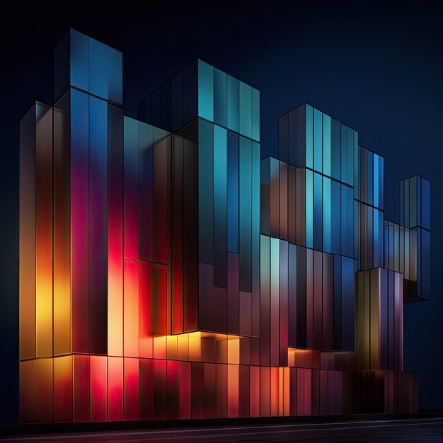 a building with colorful windows and a dark background
