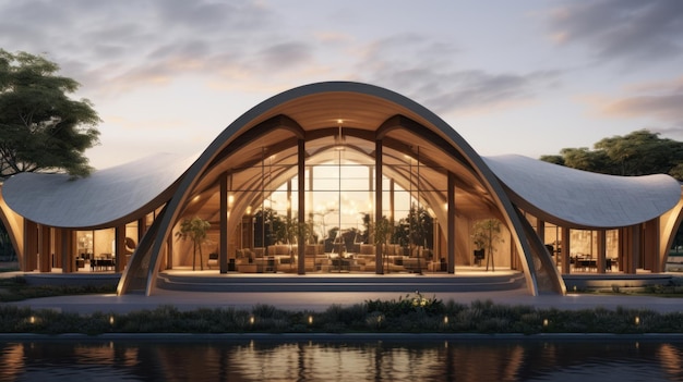 A building with a curved roof next to a body of water