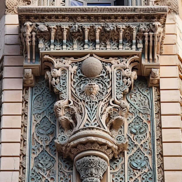 A building with a decorative column and a window with the word art on it.