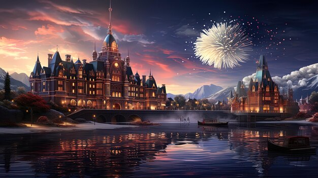a building with fireworks in the sky and a boat in the water