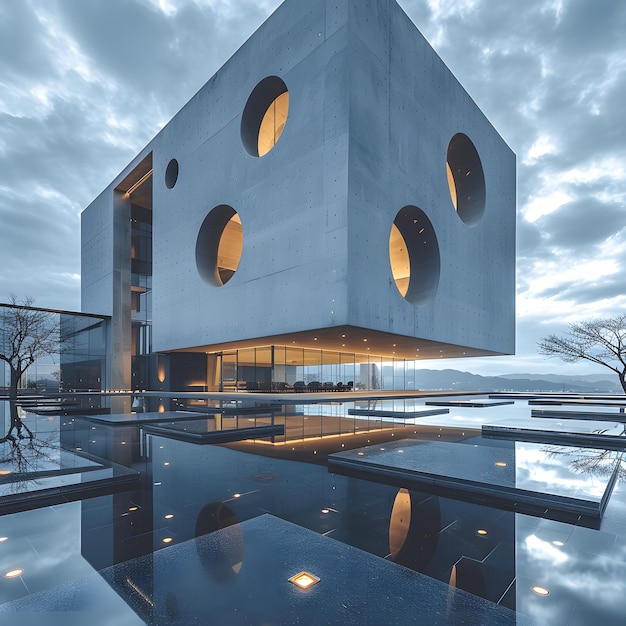 Photo a building with a glass facade overlooking a water landscape