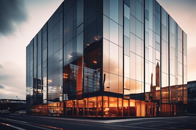Photo a building with a glass facade and a reflection of the sunset on the glass facade.