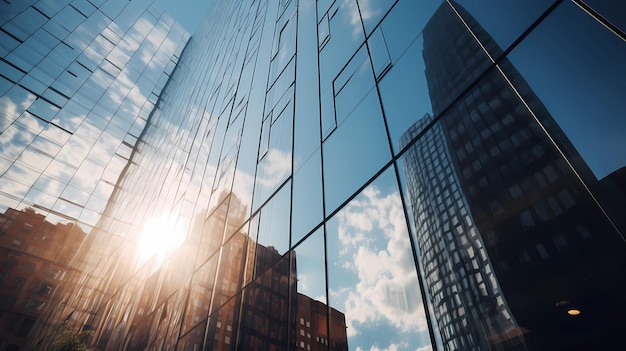 A building with a glass facade and the sun reflecting on it