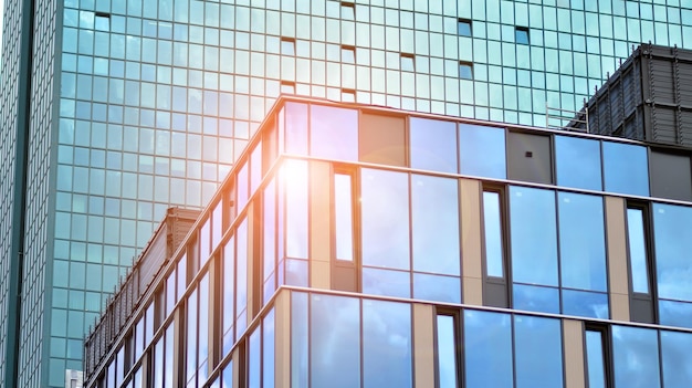 a building with a glass facade and the sun shining on the windows.