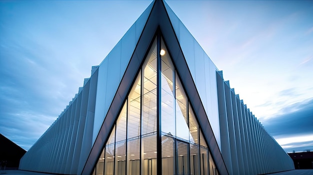 A building with a glass roof and a blue sky in the background.