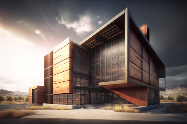 A building with a glass wall and a cloudy sky