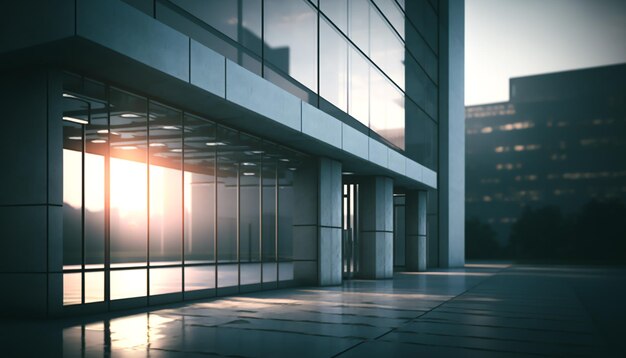 A building with a glass wall and a light on the outside