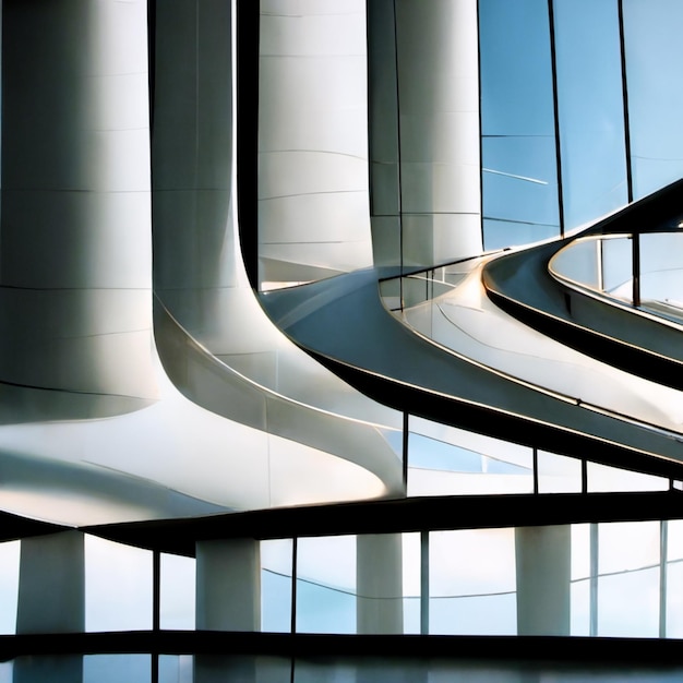 A building with a glass wall and a staircase with a blue sky behind it.