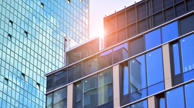 a building with a glass wall and the sun reflecting on it.