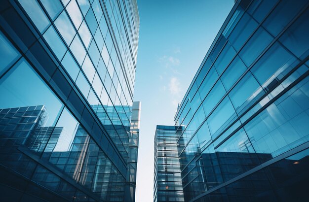 a building with glass windows and a blue sky