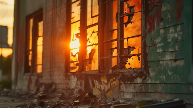 A building with a graffiti that says'fire in the window '