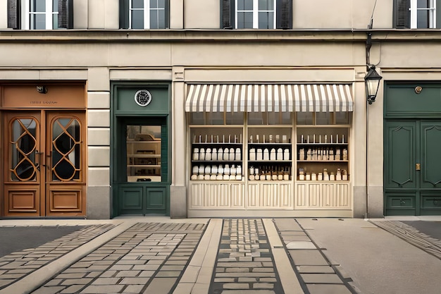 A building with a green awning that says " french bakery " on it.