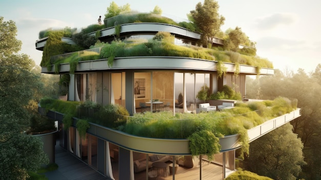 A building with a green roof a balcony and ecofriendly landscaping AI generated