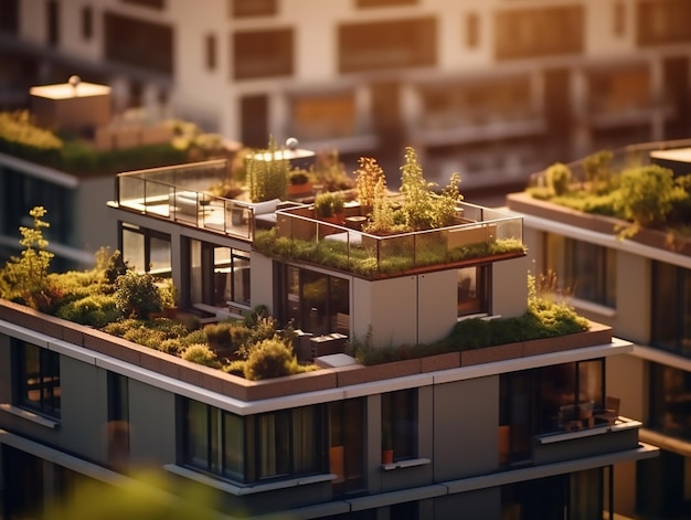 Building with a green roof and a balcony with a green roof and plants