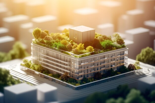 A building with a green roof and a cityscape in the background.