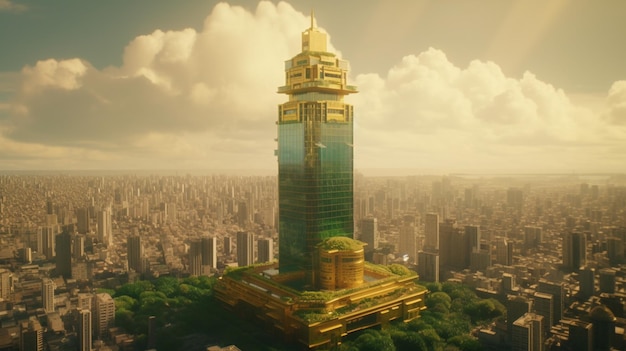 A building with a green roof and a gold roof.