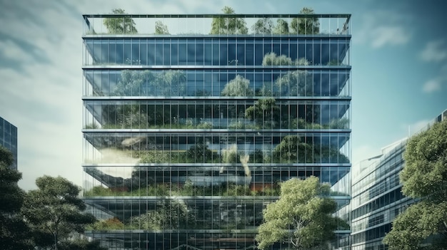 Foto un edificio con un tetto verde e un tetto verde con alberi in cima.