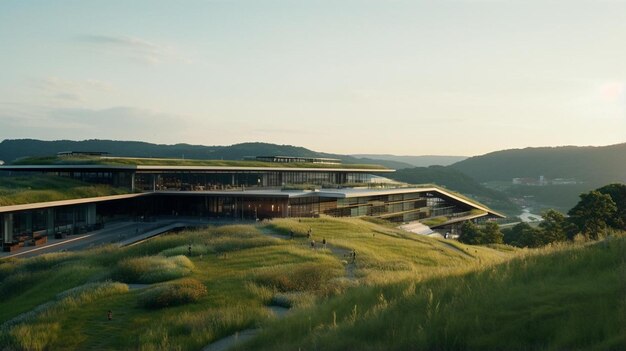 Photo a building with a green roof on top of a hill