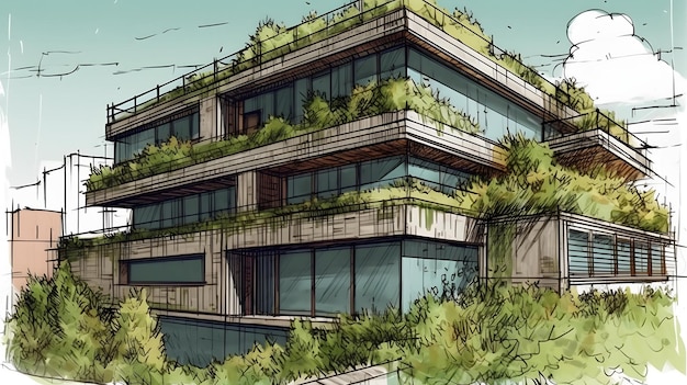 A building with green roofs and plants on the roof