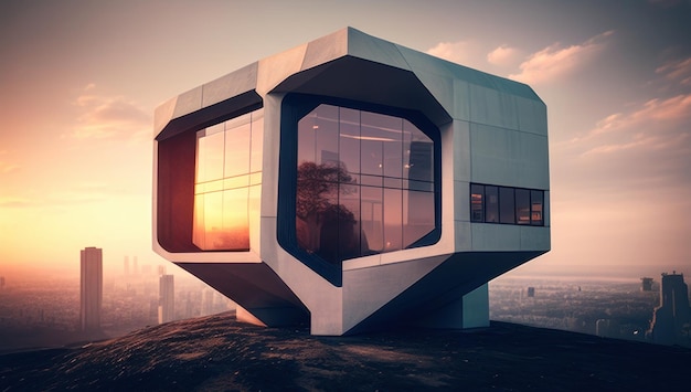 A building with a hexagonal shape and the word cube on the top.