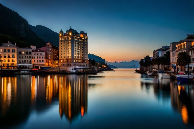 a building with a lake in front of a mountain range.