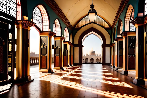 A building with a large archway and a large building with a large dome in the background.