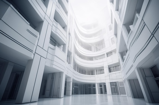 A building with a large atrium and a white ceiling with a light coming through it.