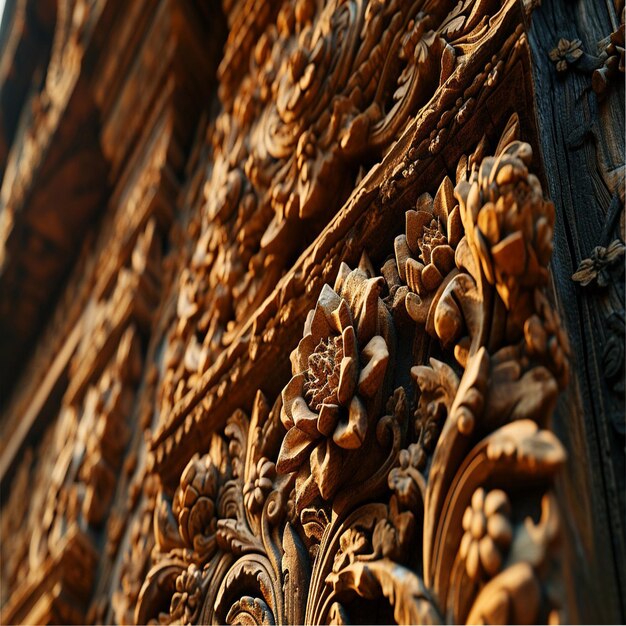 Foto un edificio con una grande incisione in legno intagliato in cima