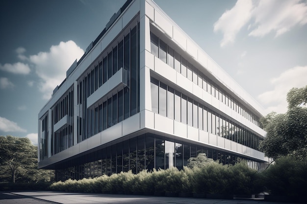 A building with a large glass facade and a sign that says'the word " on it.