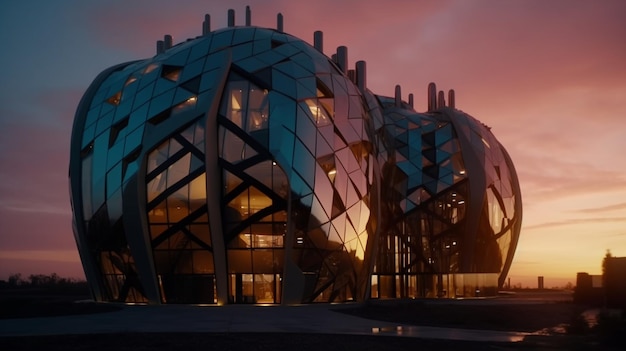 A building with a large glass roof and a pink sky at sunset