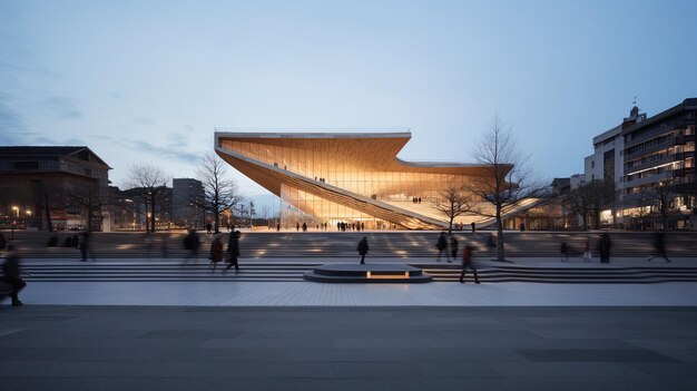 a building with a large yellow light on it