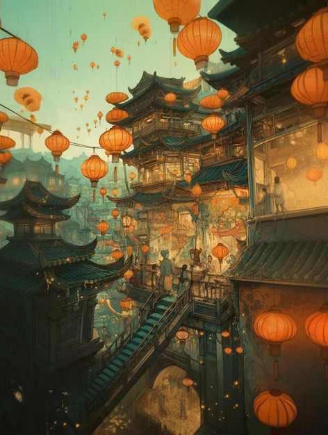 Photo a building with a lot of lanterns on it