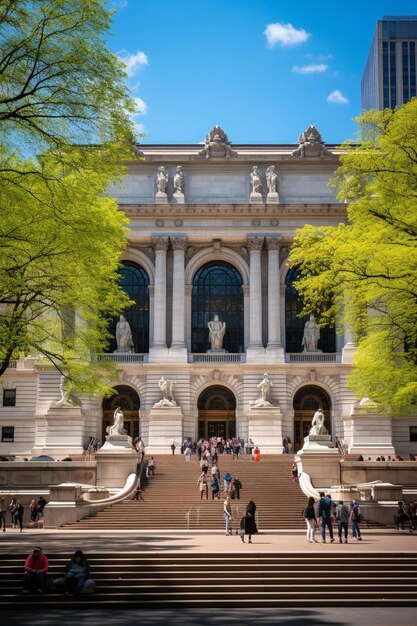 Photo a building with a lot of people on the stairs and a statue in the middle of the building