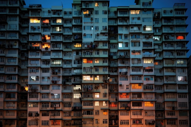 A building with a lot of windows and a red light on it