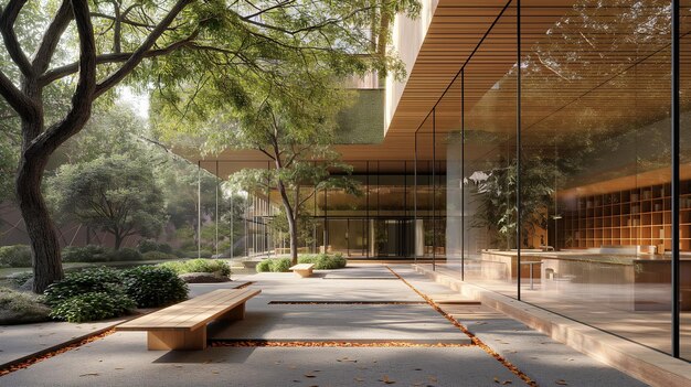 a building with a lot of windows and a tree in the background