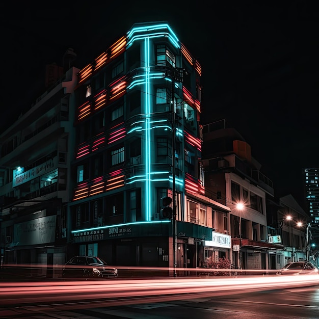 A building with neon lights on the side of it