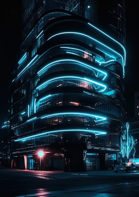 A building with neon lights and a sign that says'neon '
