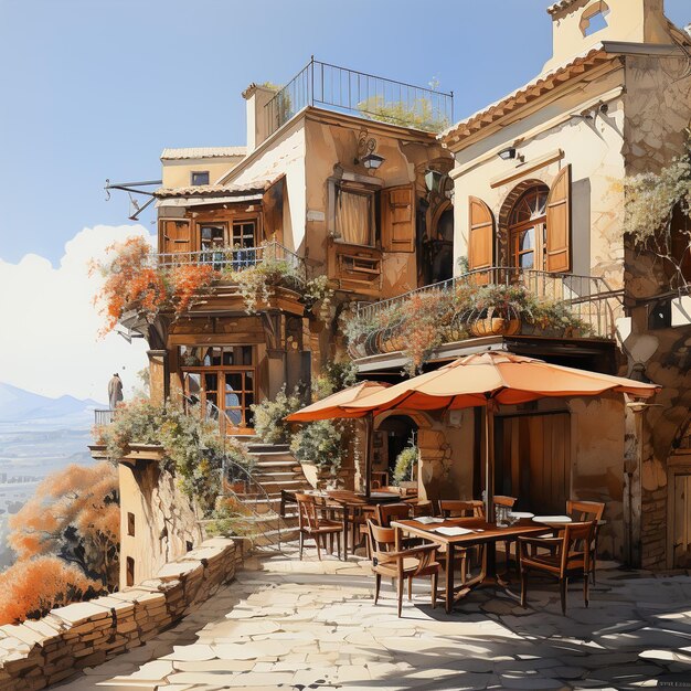 Photo a building with an orange umbrella and a man sitting at a table outside