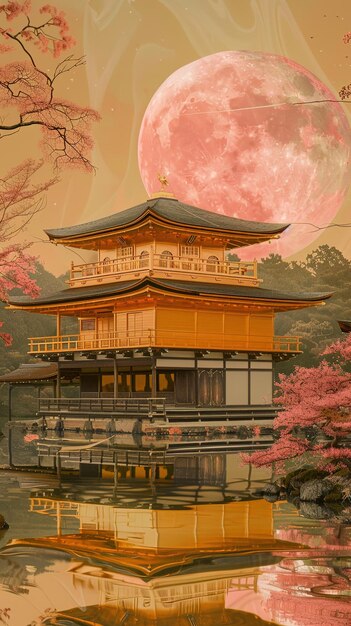 Photo a building with a pink moon behind it