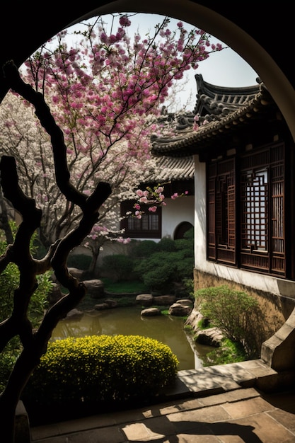 A building with a pond and a tree with pink flowers in the background