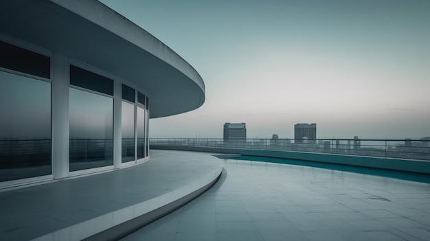 A building with a pool in the background